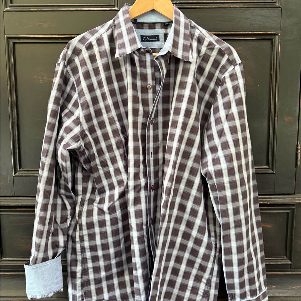 7 Diamonds Brown and White Plaid Casual Button Down Shirt